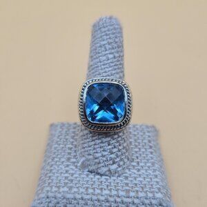 Size 9 Silver Plated Over Copper Blue Glass Gem Band Ring A6028